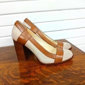 Cole Haan Womens NKE Air Natural Linen And Brown Leather Pumps 8.5